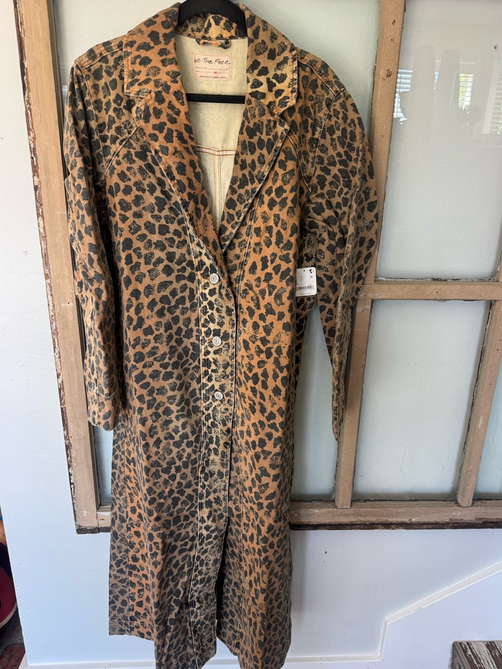 WE THE FREE CHEETAH -Print Long Button-Front denim jacket in Brown & Black🤎 NEW🖤